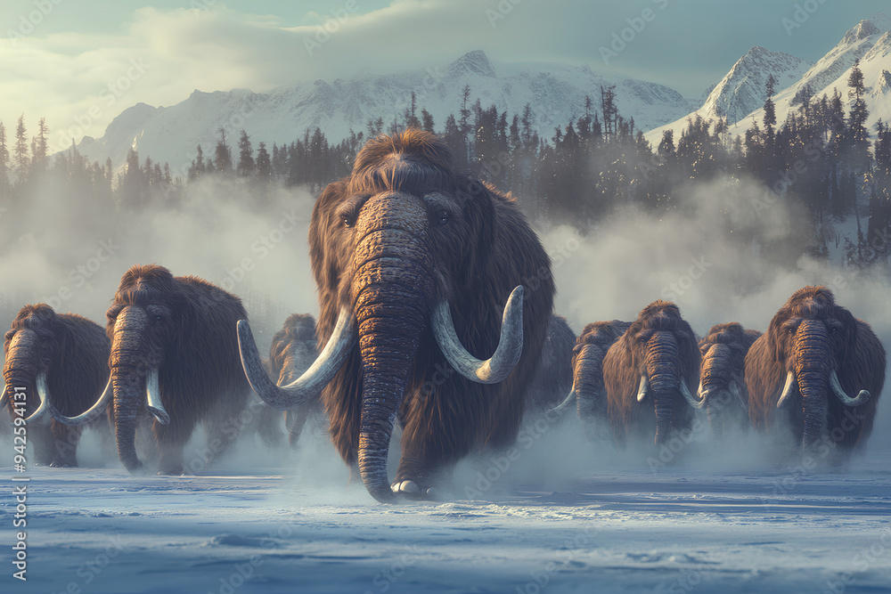 Woolly mammoth herd in frozen cold landscape, wide banner, extinct ...