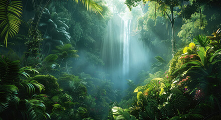 Wall Mural - A lush rainforest with towering trees and thick, verdant undergrowth. and distant waterfalls. Vines hang from the trees. Generative AI.