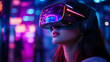 © Siasart Stock - Woman in VR headset looking up with colorful lights in the background.