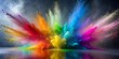 © Triple P - Vibrant explosion of colorful spray powder against a metallic silver background