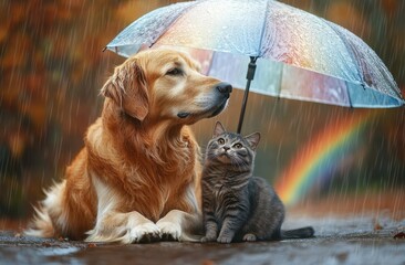 A dog and cat sitting together under an umbrella in the rain, with colorful hues of a rainbow in the background, cute animal photography, high definition