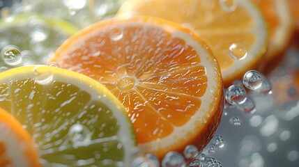 Poster - Slices of citrus fruits like oranges, lemons, and limes suspended in mid-air. Generative AI.