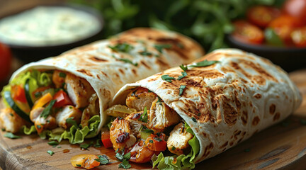 Wall Mural - Delicious chicken wraps, fresh vegetables, crisp lettuce, juicy tomatoes, creamy mayonnaise, tender chicken slices, soft tortilla, appetizing and savory. Generative AI.