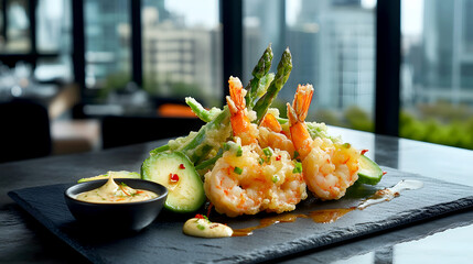 Wall Mural - Modern Fusion Style A contemporary take on tempura, showcasing a mix of traditional and innovative ingredients like shrimp, avocado, and asparagus, coated in a light batter and served with a spicy