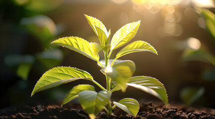 Aufkleber - A green plant with a light shining on it. Generative AI.