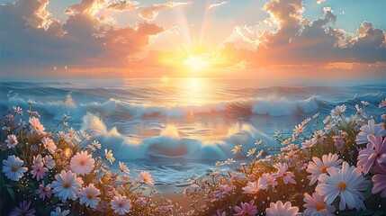 Wall Mural - A beautiful sunrise over the ocean, surrounded by blooming flowers and gentle waves in pastel colors. Generative AI.