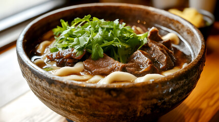 rustic countryside style a rustic presentation of udon served in a rough, earthenware bowl. the nood