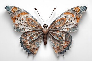 A beautiful butterfly with intricate geometric patterns on its wings on a white background, AI Generated