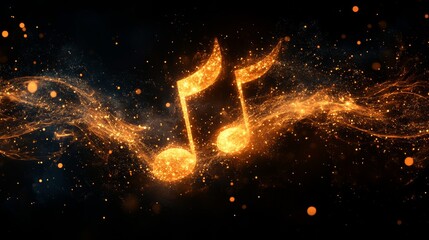 Poster - Musical notes floating with light and sound waves on a black background