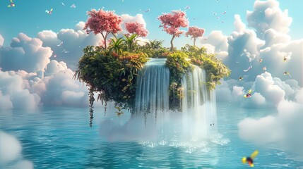 Poster - Magical Floating Island, An enchanted floating island with a lush garden, a waterfall cascading into the sky. Generative AI.