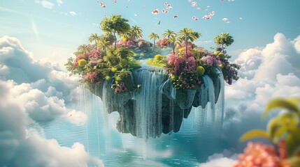 Poster - Magical Floating Island, An enchanted floating island with a lush garden, a waterfall cascading into the sky. Generative AI.