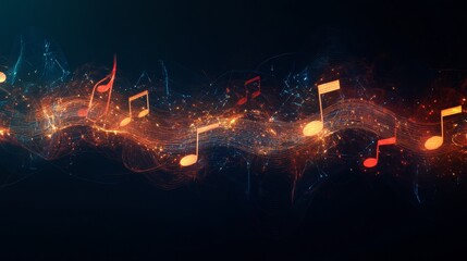 Poster - Musical notes floating with light and sound waves on a black background