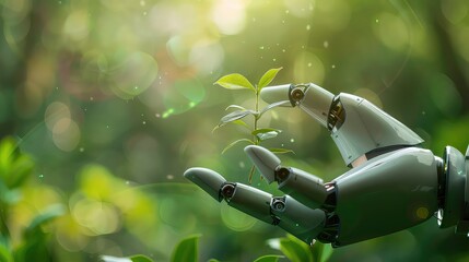 Sticker - A robotic hand gently holds a small plant with a blurred green background, representing the future of technology and nature working together.