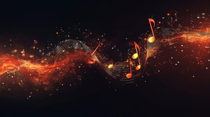 Poster - Musical notes floating with light and sound waves on a black background