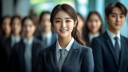 Poster - Young businesswoman smiling in front of her team.