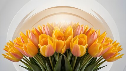 A bouquet of yellow and orange tulips with the words tulips in the top right corner.