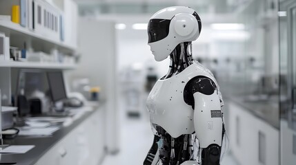 Poster - A humanoid robot standing in a futuristic high tech laboratory setting surrounded by advanced machinery and equipment with ample copy space for text or design elements