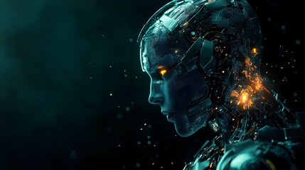 Poster - Cybernetic Human with Glowing Mechanical Enhancements and Copy Space for Text  Futuristic Sci Fi Concept of Intelligence and Technological Evolution