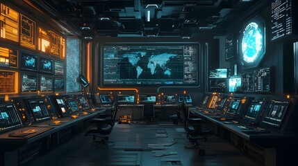 Poster - futuristic control room filled with advanced technology including multiple displays screens and a sl