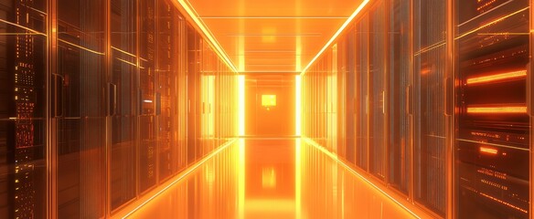 Server racks in computer network security server room datacenter. Modern interior server room data center. A bright orange light at the end of the hallway. 3d rendering