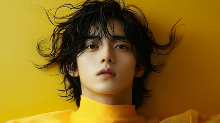 Wall Mural - Young man with black hair and a yellow sweater looks intensely at the camera.