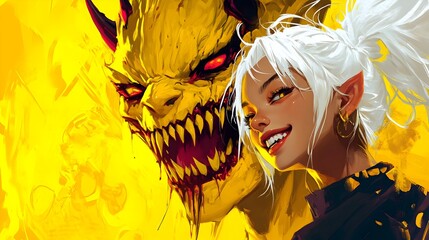 Grinning Yellow Demon and Playful Anime Girl,Bold Vibrant Conceptual