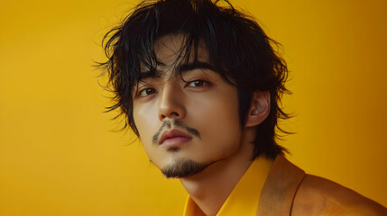 Poster - Young man with dark hair, goatee, and yellow jacket looking intensely into the camera.