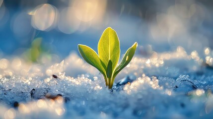 Wall Mural - A single green sprout emerges from the snow in the sunshine.