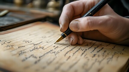 Poster - A close up shot showcasing a hand diligently writing in a neatly organized ledger book capturing the intricate details and textures of the pages and the writing process
