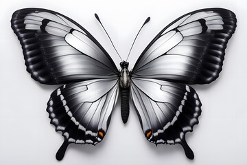 Wall Mural - A unique butterfly with metallic silver and black wings on a white background, AI Generated