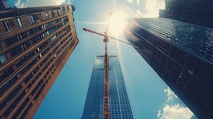 Poster - A skyscraper, downtown, crane, sky, construction. low angle view. Generative AI.