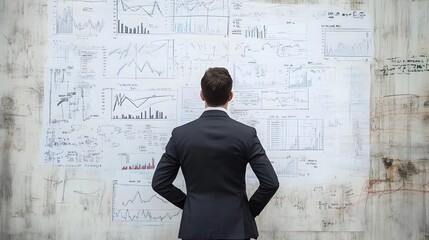 Poster - Businessman standing in front of a whiteboard explaining financial strategies and business plans to a team during a corporate meeting or training session with copy space for text