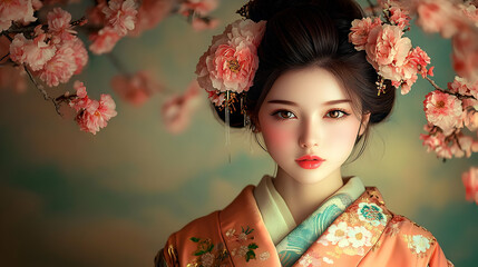 Wall Mural - Young woman in traditional Japanese clothing with cherry blossoms in her hair.