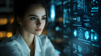 Young woman looking intently at a screen filled with glowing blue digital data and graphs.