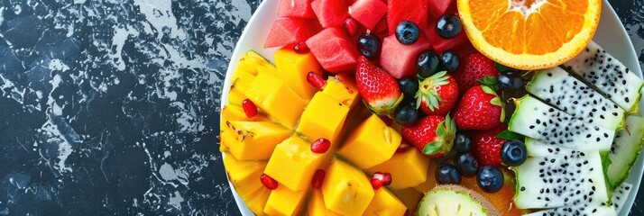 Wall Mural - Variety of Fresh and Nutritious Fruits on a Plate Including Pineapple, Dragon Fruit, Watermelon, Papaya, Orange, Strawberry, and Melon from Above