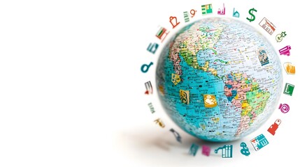 Poster - Circulating Financial Symbols Around a Glowing Global Sphere Isolated on a Clean White Background Representing the Interconnected Nature of the International Financial Market and Economy
