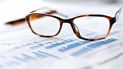 Poster - Close up view of a pair of eyeglasses resting on top of a financial report isolated against a clean white background  This image represents the concepts of business data analysis accounting