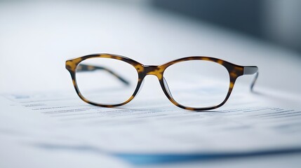 Poster - Closeup of a pair of eyeglasses resting on top of a financial report document isolated on a clean white background  Concept of data analysis financial planning corporate strategy