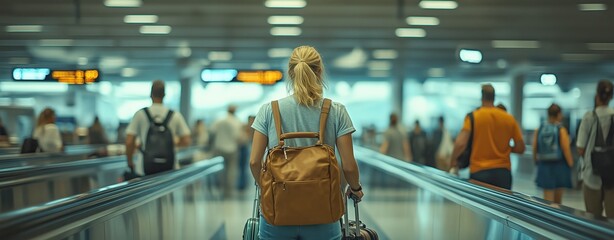 A traveler with a backpack walks through a busy airport terminal, surrounded by fellow passengers and airport signs.