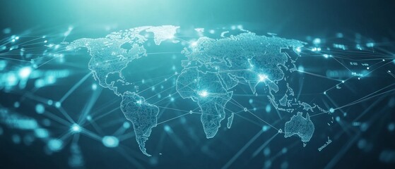 Poster - Digital world map with global network connections on a light blue background