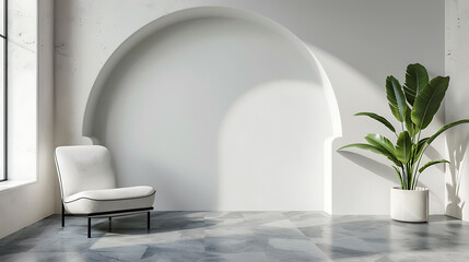 A white chair sits in a minimalist room with an arched wall and a large potted plant.