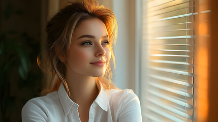 Poster - Young woman with blonde hair in a white shirt looks out the window with blinds.