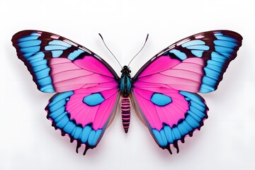 Wall Mural - A vivid butterfly with neon blue and pink patterns on a white background, AI Generated