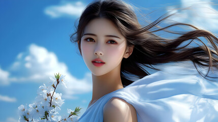 Canvas Print - Young woman with flowing hair and cherry blossoms in front of a blue sky.