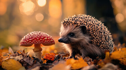 Hedgehog with fly agaric mushroom in the autumn forest