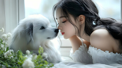 Wall Mural - Young woman with long black hair and a white dog nose to nose with closed eyes.