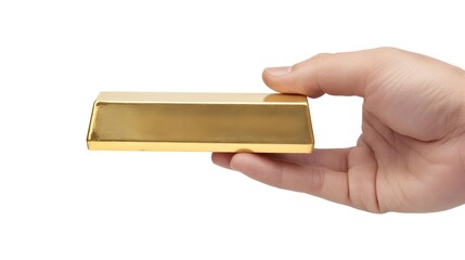 Poster - A close up photograph of a human hand holding a single solid gold bar against a plain white backdrop  The gold bar has a lustrous reflective surface
