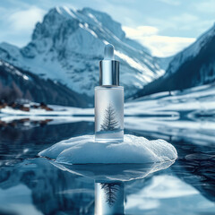 A skin care product stands on a platform, the wind blows across the water to reflect the reflection of skin care products, snowy mountains in background. Generative AI.