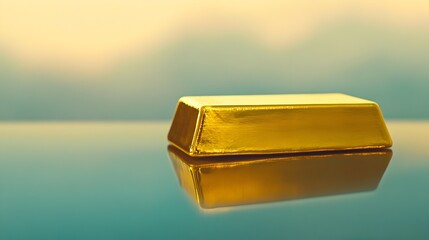 Poster - Gleaming Gold Bar Reflecting on Sleek Surface Signifying Wealth Success and Financial Prosperity  Minimalistic Studio Shot of a Precious Metal Ingot Against a Clean Background
