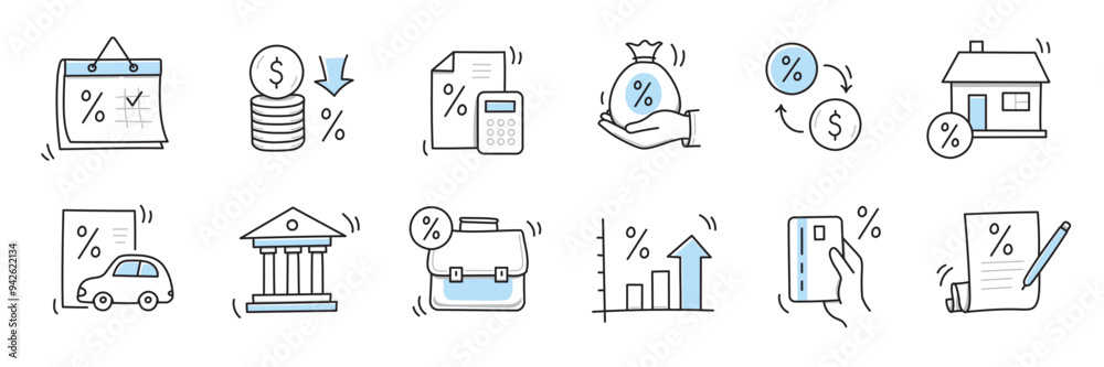 Loan interest rate doodle icon set. Hand drawn sketch doodle line style ...
